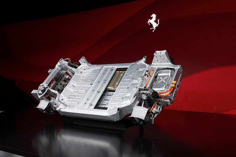 The chassis, battery pack and modules for the Ferrari Elettrica. 