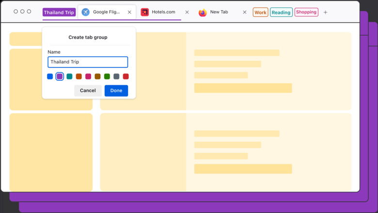 Illustration of Firefox’s new tab groups, showing the feature’s color-coding.