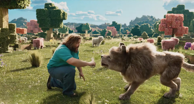 Still from A Minecraft Move trailer of Jack Black and a wolf