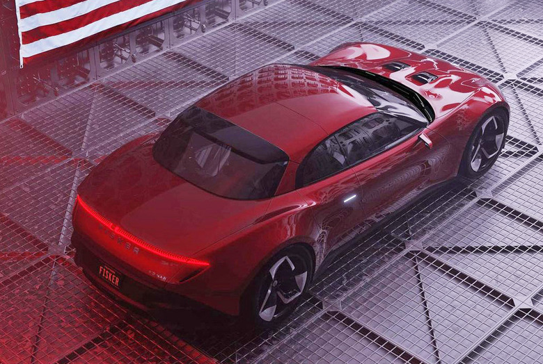 Fisker shows off its 600-mile range Ronin EV in red seen from above.