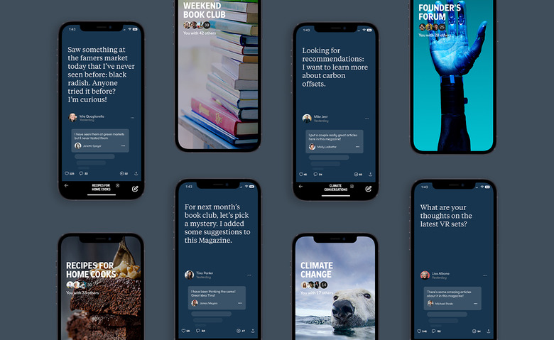 A collage of Android and iOS devices featuring the Flipboard notes feature on their screens. Some show text prompts aimed at starting a conversation. Others include images like a polar bear in water with the text 