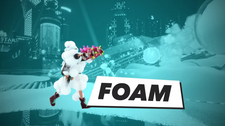 Still from a Foamstars gameplay trailer, showing a character covered in foam. The word 