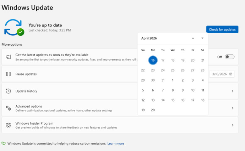 A calendar that lets you pause updates in the Windows Update tool.