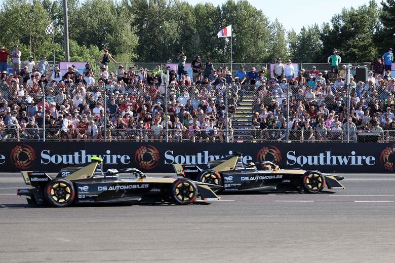 Jun 24, 2023; Portland, Oregon, USA; DS Penske drivers Stoffel Vandoorne (1) and-Eric Vergne (25) race during the 2023 Portland E-Prix at Portland International Raceway. Mandatory Credit: Al Sermeno-USA TODAY Sports