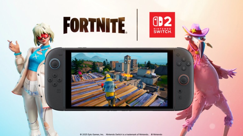 Fortnite characters standing next to a Switch 2 running Fortnite.