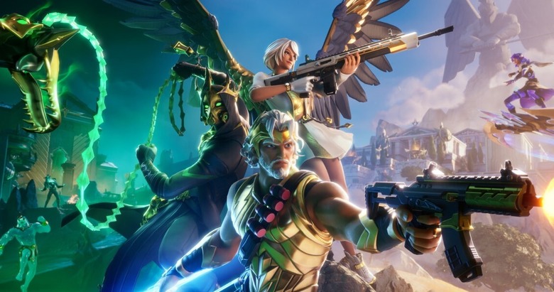 Greek gods Artemis, Zeus and Hades are depicted holding firearms and a chain-like weapon in Fortnite. The background is split between The Underworld and Mount Olympus.