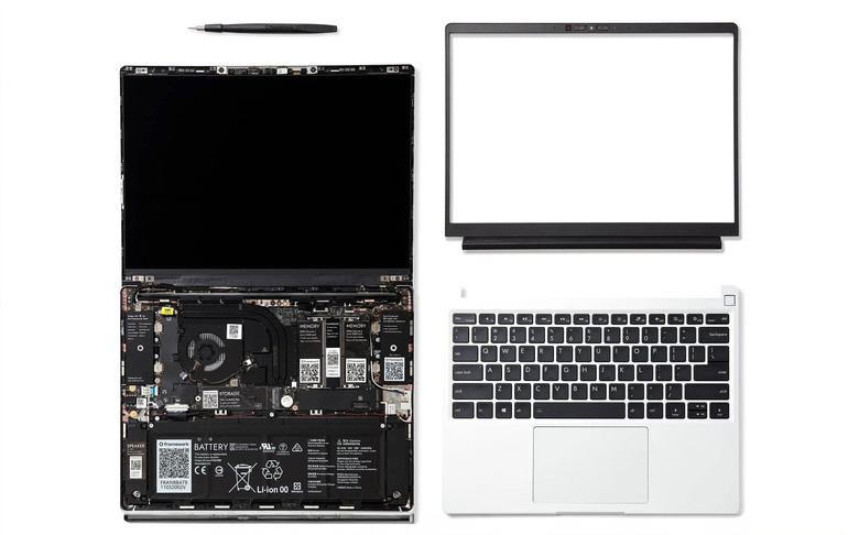 Images showing the interior and exterior of a Framework laptop.
