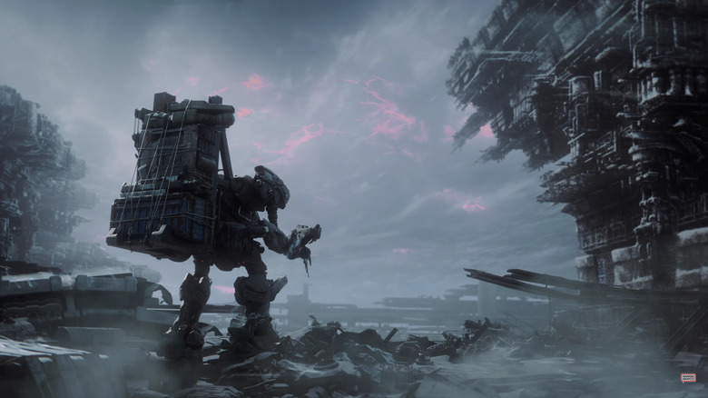 A mech stands next to a bleak landscape in Armored Core VI.