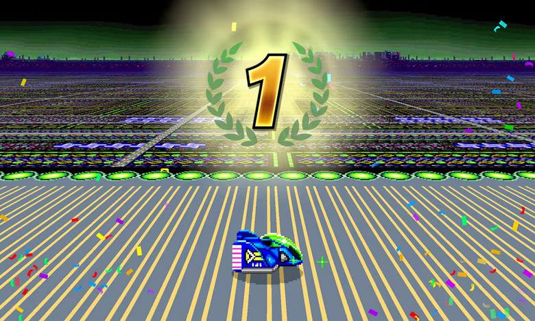 Gameplay screenshot from F-Zero 99 for Nintendo Switch Online. A side view of a blue racing car on a 16-bit sci-fi track. A number one floats above, indicating the racer finished in first place.