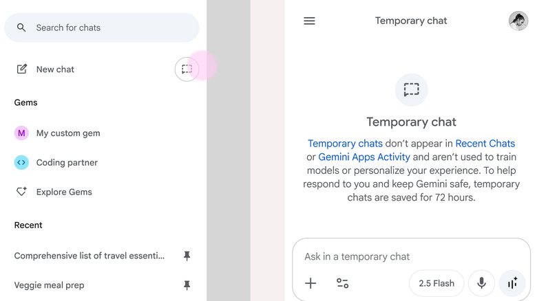 Screenshot from the Gemini AI app, showing a temporary chat.
