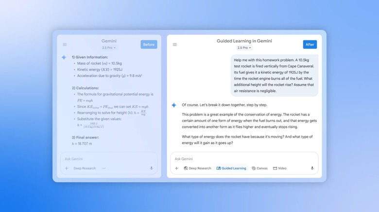 A graphic offering a side-by-side comparison of the detailed answers Gemini offers when Guided Learning is enabled.