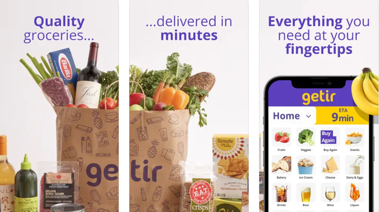 Three-paned marketing screenshots for instant delivery service Getir. The panels say 