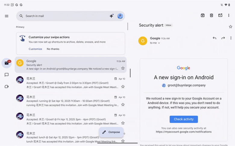 Screenshot of the Gmail app for a large-screened device, showing separate panes for the inbox and messages.