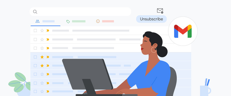 An illustration of a woman on her computer in front of a background of a Gmail inbox and a floating Gmail logo.