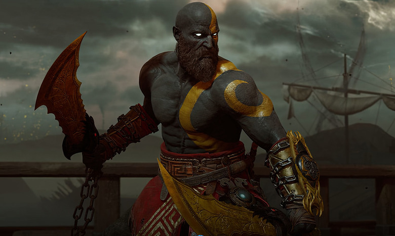 Still from God of War Ragnarok of Kratos wearing the black and gold Dark Odyssey skin.