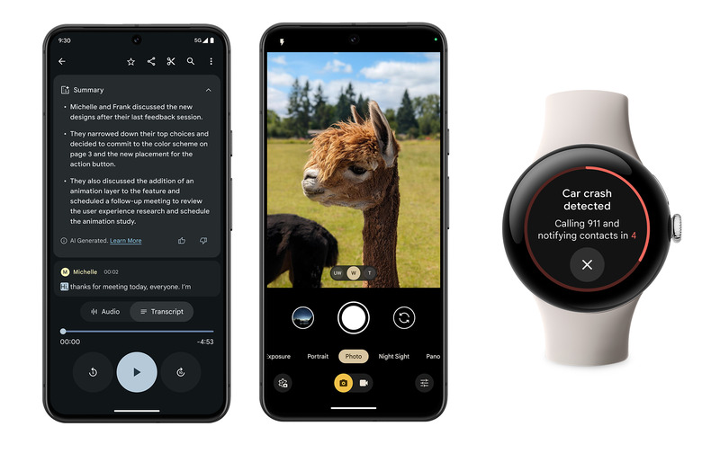 Google Pixel and Watch shots featuring Recorder, lens selection and car crash detection features.