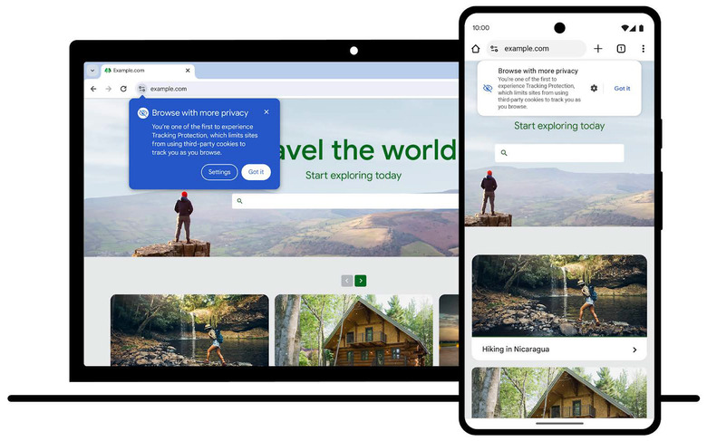 The Chrome Privacy Sandbox's Tracking Protection prompt that notifies the user of third-party cookies being restricted.