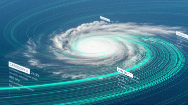 A graphic showing a view from above of a hurricane. Data and paths are overlaid, symbolizing predictions.