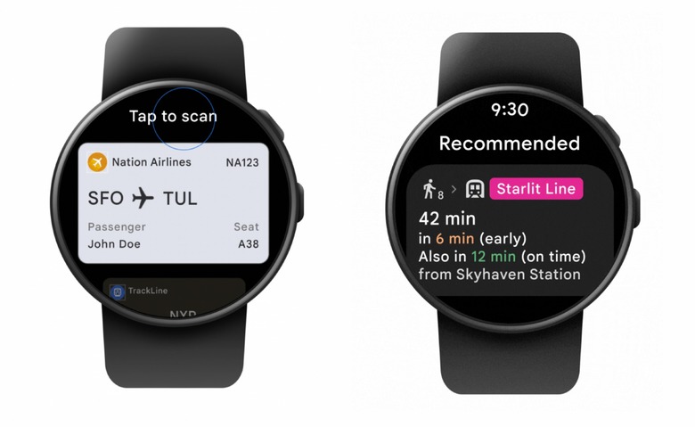 Side by side renderings of a Wear OS watch show a boarding pass on a watch, and train departure times