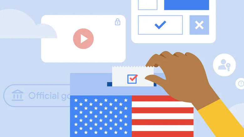 Google Doodle-style image showing a person's hand reaching for a ballot. Various election-related imagery, including a US flag.