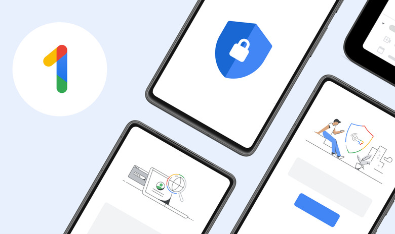Google One illustration featuring smartphone screens with security symbols and a laptop search doodle.