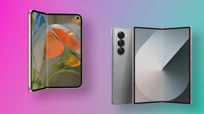 Side-by-side visual showing the two foldable phones against a colorful gradient background.