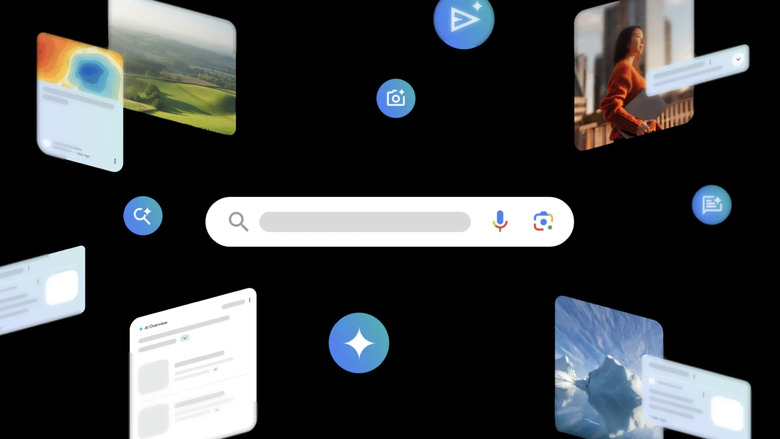 Google Search bar surrounded by Google Gemini AI buttons. 