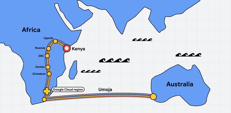 Diagram of the Umoja fiber optic cable's intended route from Africa to Australia.