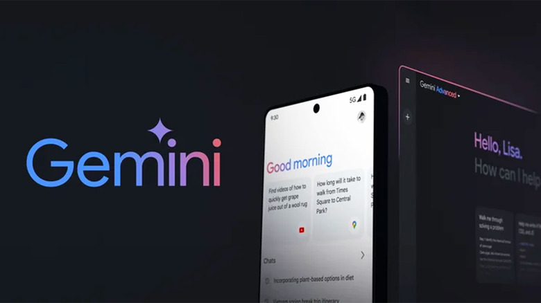 An ad for Google Gemini showing a fancy blue and red font-styling of the word Gemini next to a phone screen with 