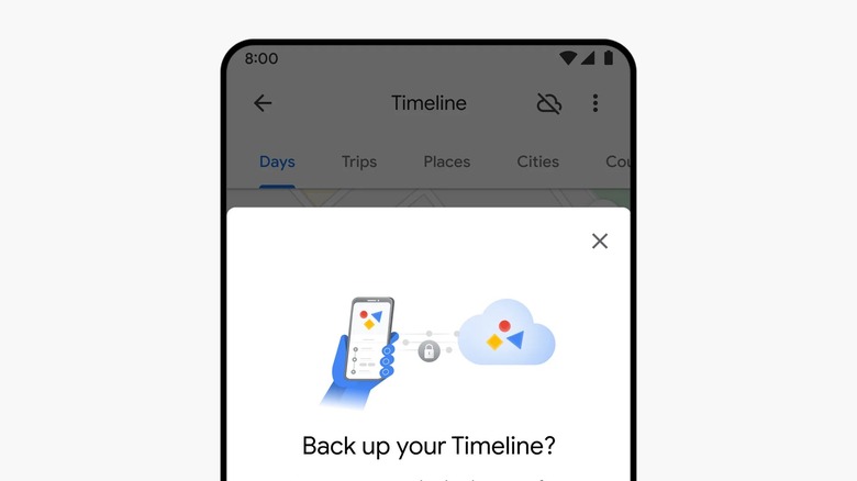 A rendering of a smartphone showing the Google Maps Timeline feature, with a popup covering much of the display with the prompt, 