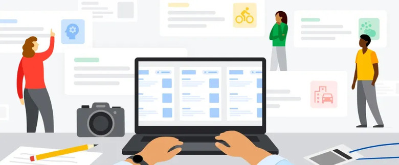 An illustration of a person on a computer with people and content in the background suggesting data gathering.