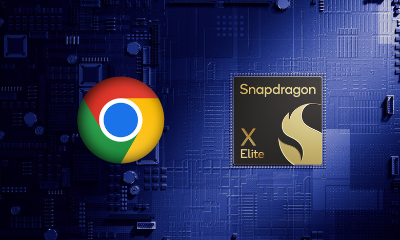 A Google Chrome icon sitting to the left of a chip that says Snapdragon X Elite. The two symbols sit in front of a stylized blue motherboard or chip architecture with visible circuits and connections. Shadows emerging from the left side.