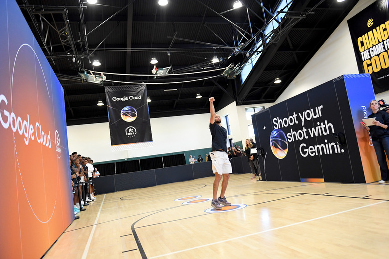 Steph Curry on a basketball court with Google Cloud and Gemini banners in the background.