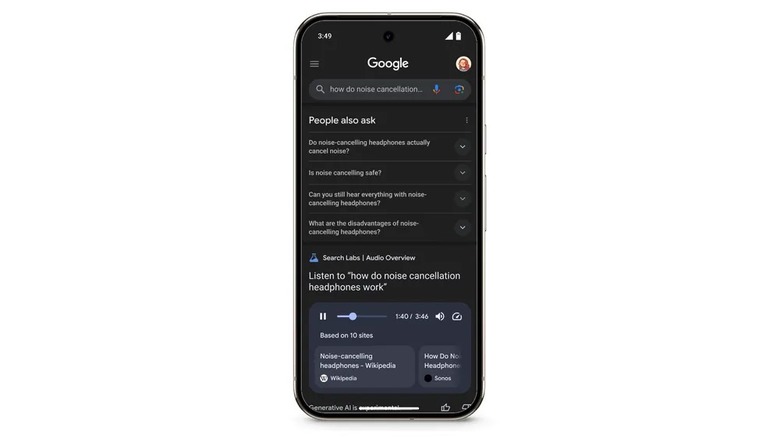 A smartphone with the new Audio Overview feature in Google Search