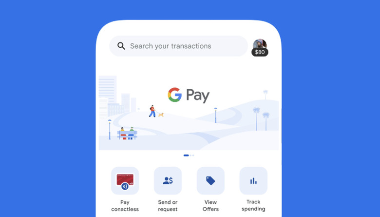 A render of G Pay on a Phone showing the option to pay contactless, send or request money, and more.