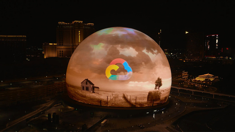 Image of the Las Vegas Sphere with a Google logo on top of a Kansas scene from The Wizard of Oz.