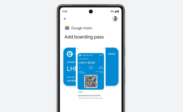 A rendering of a phone with a boarding pass displayed in the Google Wallet