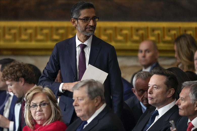 WASHINGTON, DC - JANUARY 20:  Google CEO Sundar Pichai arrives for the inauguration of President Donald Trump at the U.S. Capitol Rotunda on January 20, 2025 in Washington, DC. Donald Trump takes office for his second term as the 47th president of the United States. (Photo by Julia Demaree Nikhinson - Pool/Getty Images)