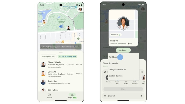 Side by side renderings of the Google Find My Device app on a smartphone showing the new People tab, which displays contacts' locations on a map and lists their current address