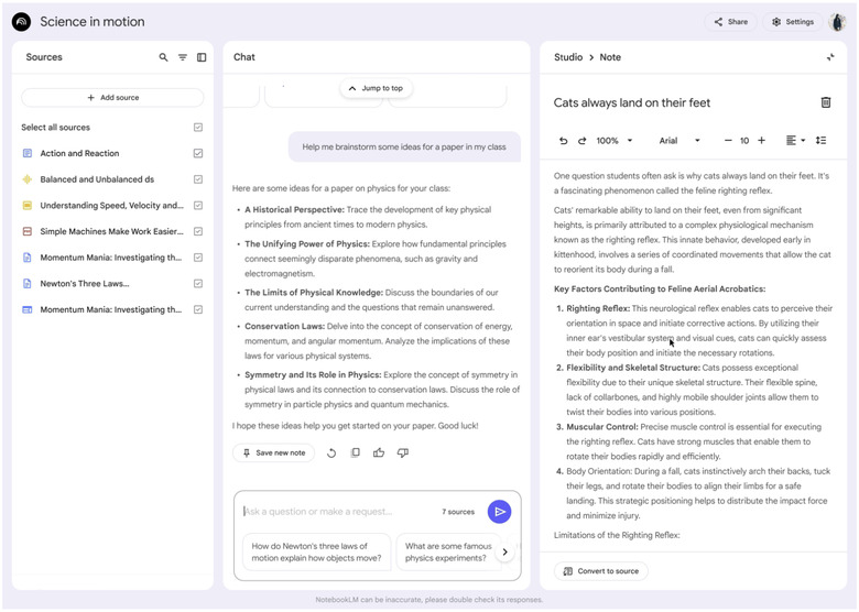 The new NotebookLM layout, with a panel for sources on the left, AI chat in the middle, and AI-generated study materials on the right.