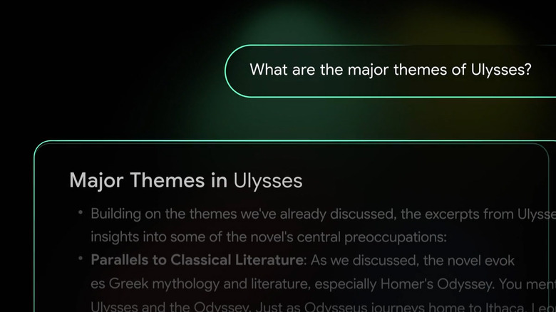 Sample screen from NotebookLM, showing a Q&A about Ulysses.