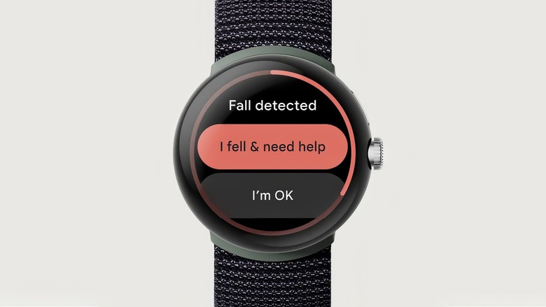 Closeup of the Google Pixel Watch with fall detection on the screen. It has the title 