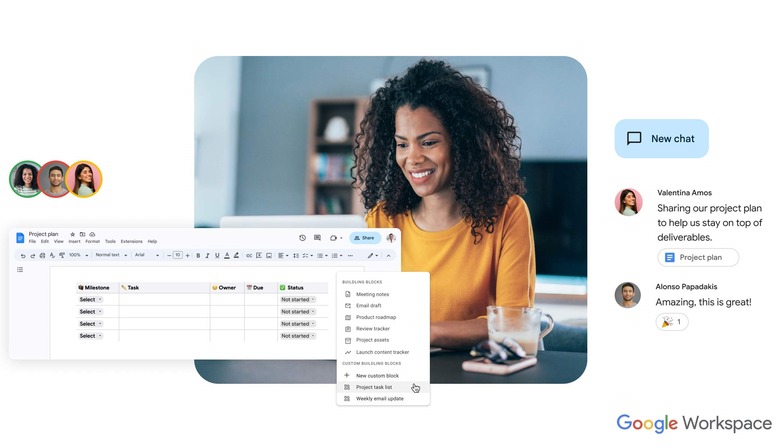 A collage showing a dropdown menu in Google Sheets, comments in a Google chat window, a worker at their desk and three people's profile images. There's a google Workspace logo in the lower-right corner.