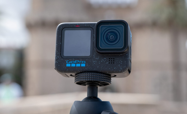 The new GoPro Hero 12 Black mounted on a regular tripod.