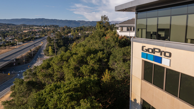 San Mateo California, USA - August 23, 2025:  Aerial Drone POV of the GoPro headquarters, located at 3025 Clearview Way in San Mateo, California. The company at one time was valued at $11 billion, but has since fallen to $260 million.