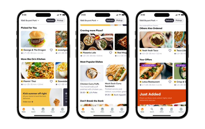 Three screenshots of the Grubhub app.
