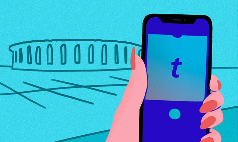 Digital illustration of a hand holding a phone with the Ticketmaster app showing. Line drawing of a venue on a turquoise background behind.
