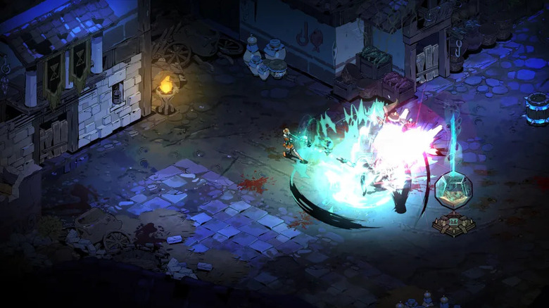 Still from the game Hades II. Explosions in a dark dungeon.