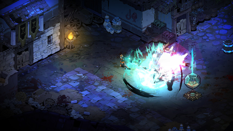Gameplay screenshot from Hades II. Top-down view of someone exploding something against someone else. Dungeon atmosphere.