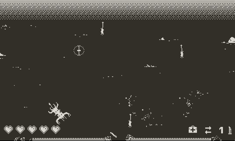 A still of gameplay from the Playdate game Halfway to Dawn